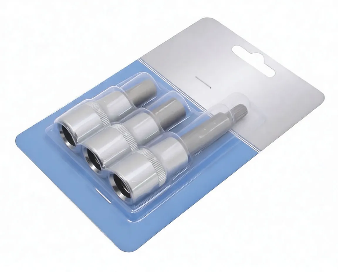 Drive-end view of three sockets showing square drive recesses and splined inner profiles, chrome finish