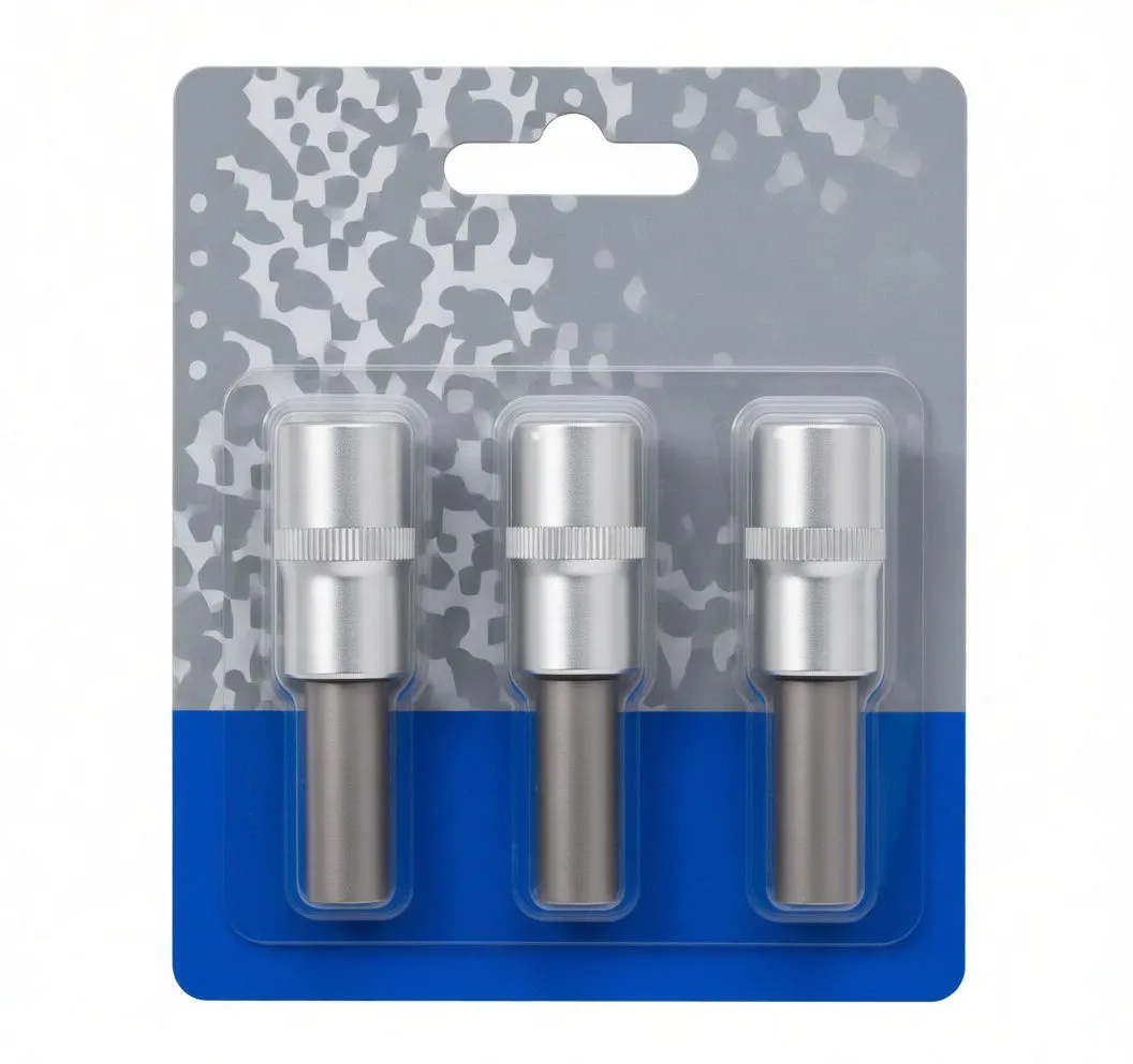 Three-piece socket set in blister pack on blue card with 'saTra' logo and product code