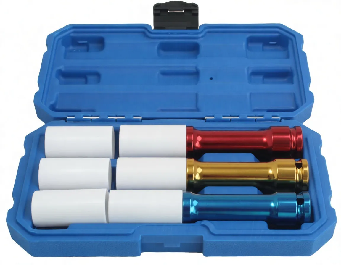 Angled photo of the open blue case with three long colored impact sockets and white covers inside.