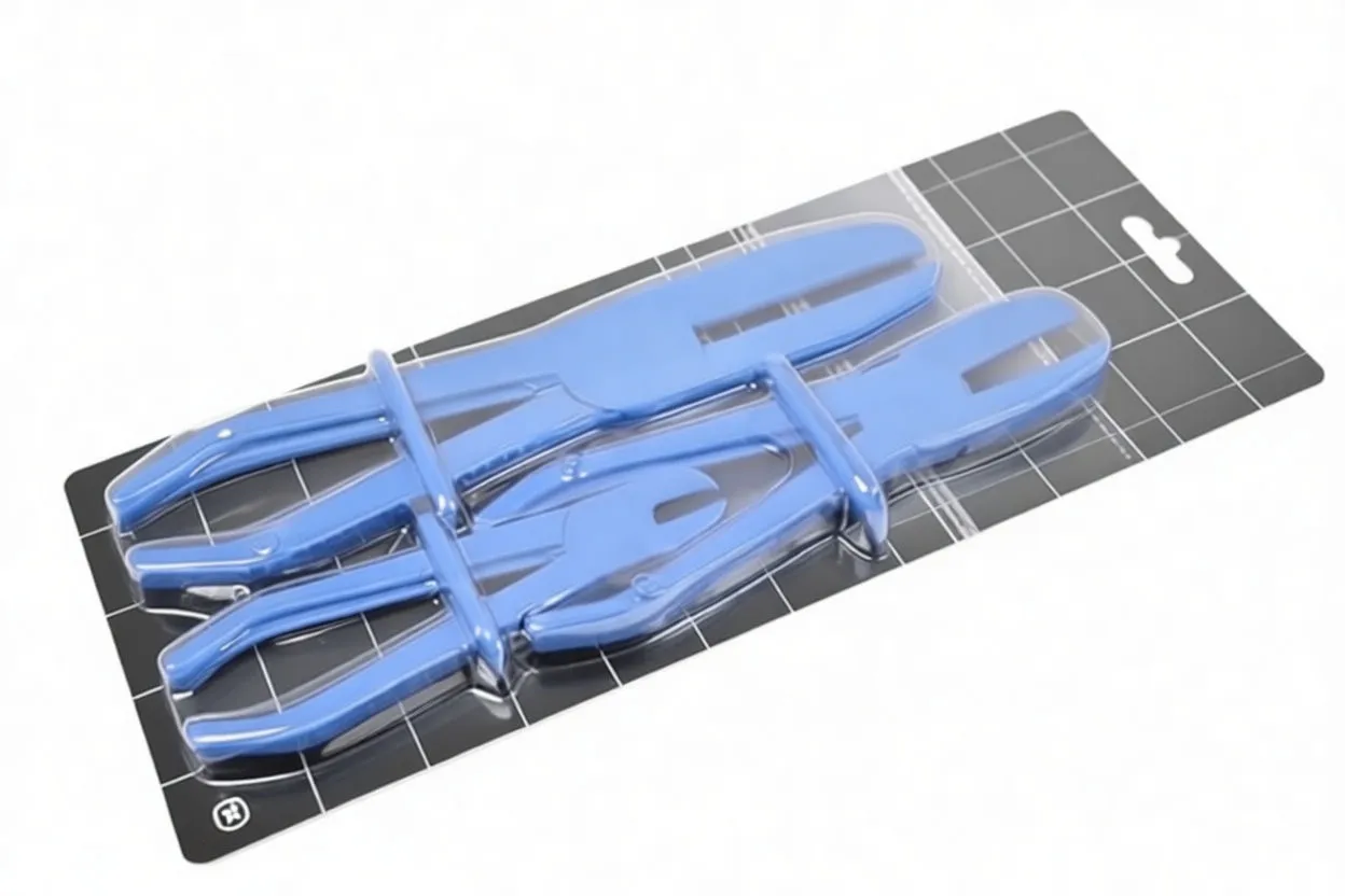 Three blue pliers of small, medium and large sizes with different jaw profiles arranged in a row