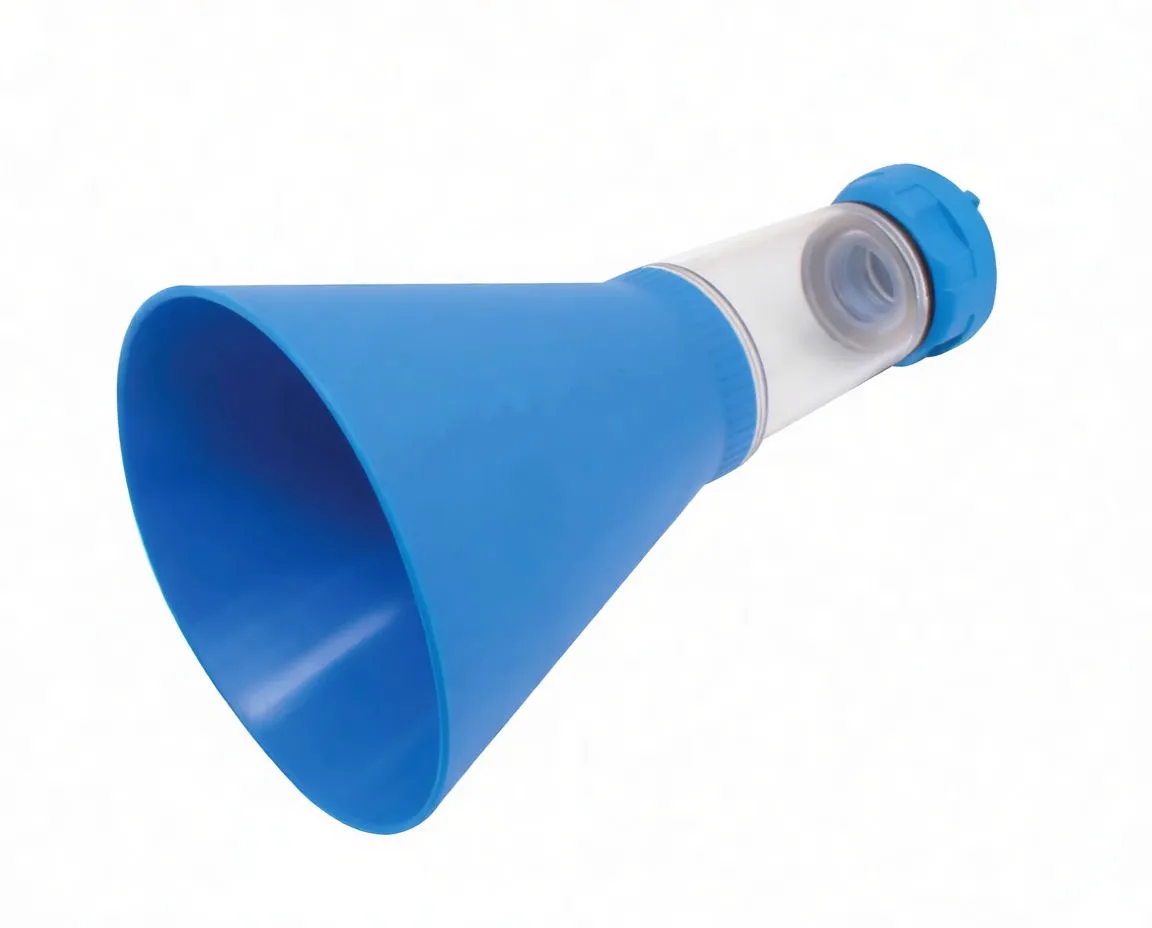 Assembled blue funnel standing vertically with clear tube labeled saTra and blue adapter at bottom