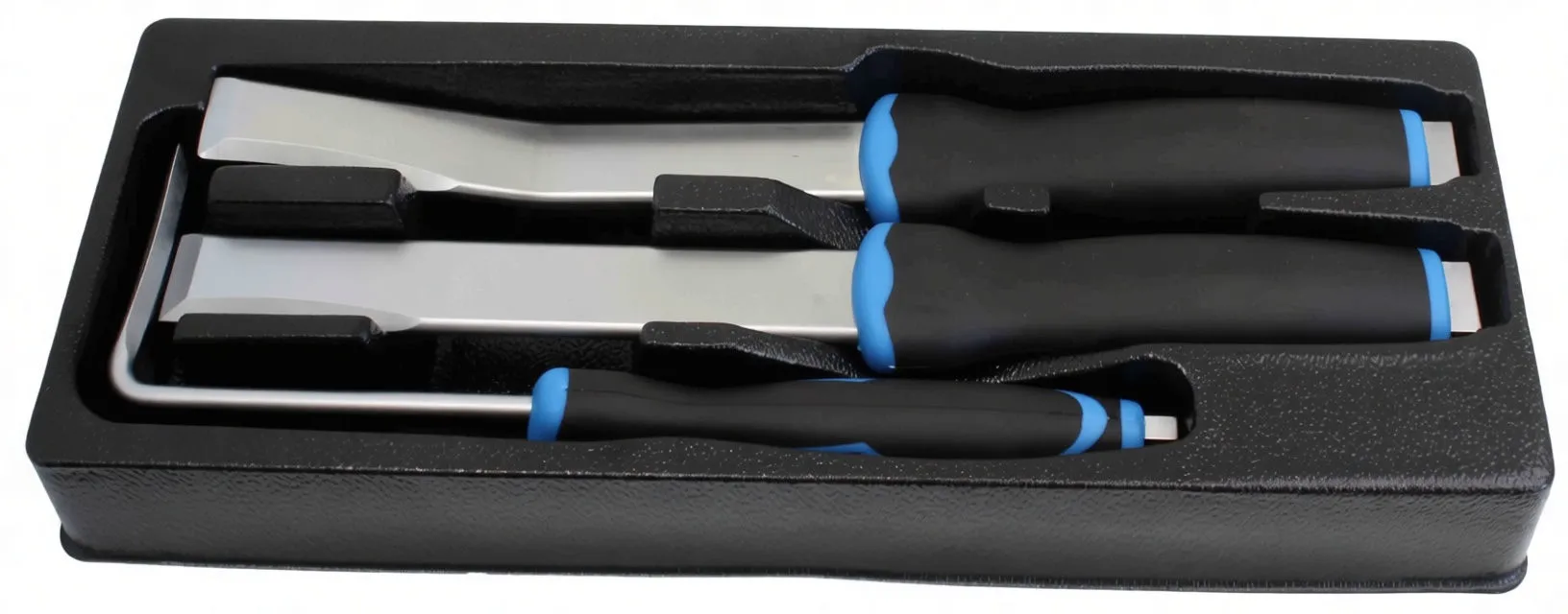 Angled view of three chisels showing L-shaped, straight and offset blades with black and blue handles