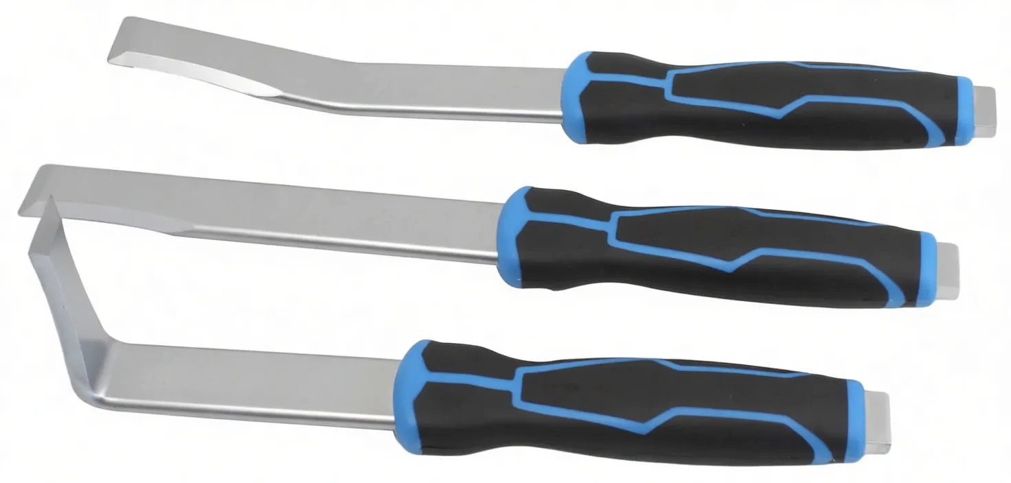 Three chisels flat on a white background showing straight, 30° offset and 90° angle blades