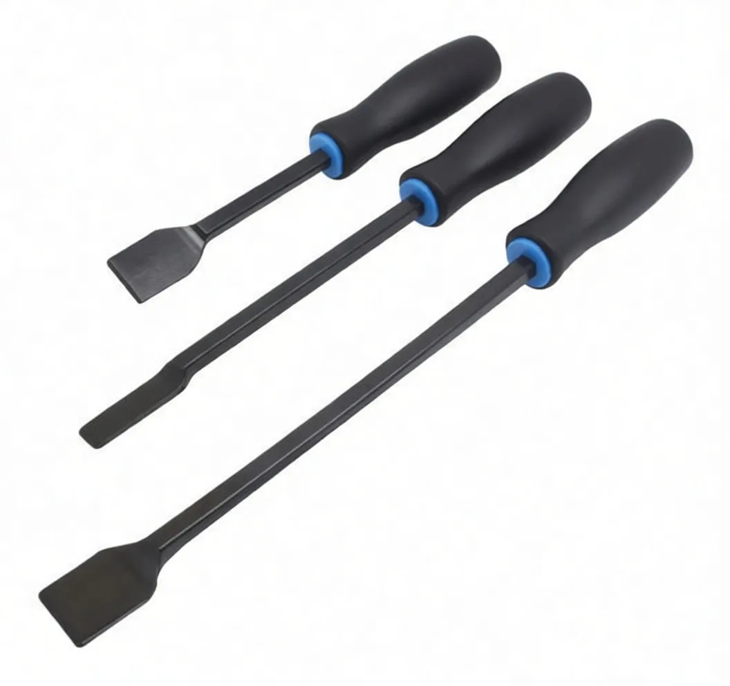 Three pry tools arranged in parallel showing wide, medium and narrow flat blades with black shafts and black handles with blue accents and logo.
