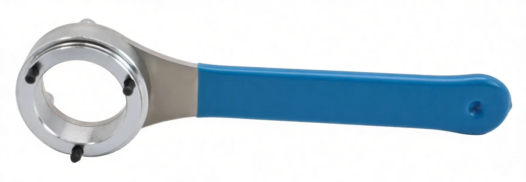 Side profile of a three-pin circular gear holding wrench with blue coated handle and hanging hole