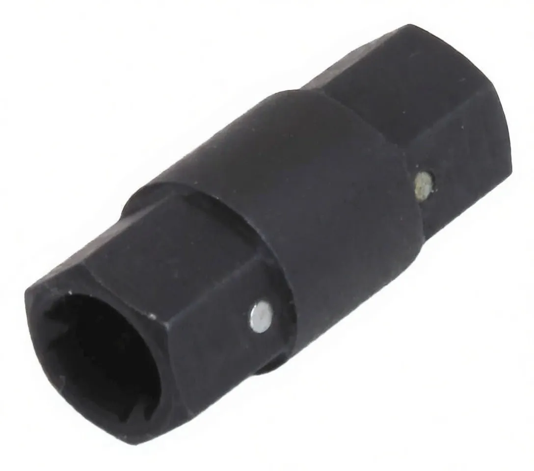 Angle view of black impact-style socket for 3-point clamp ties with white printed marking and hex outer faces