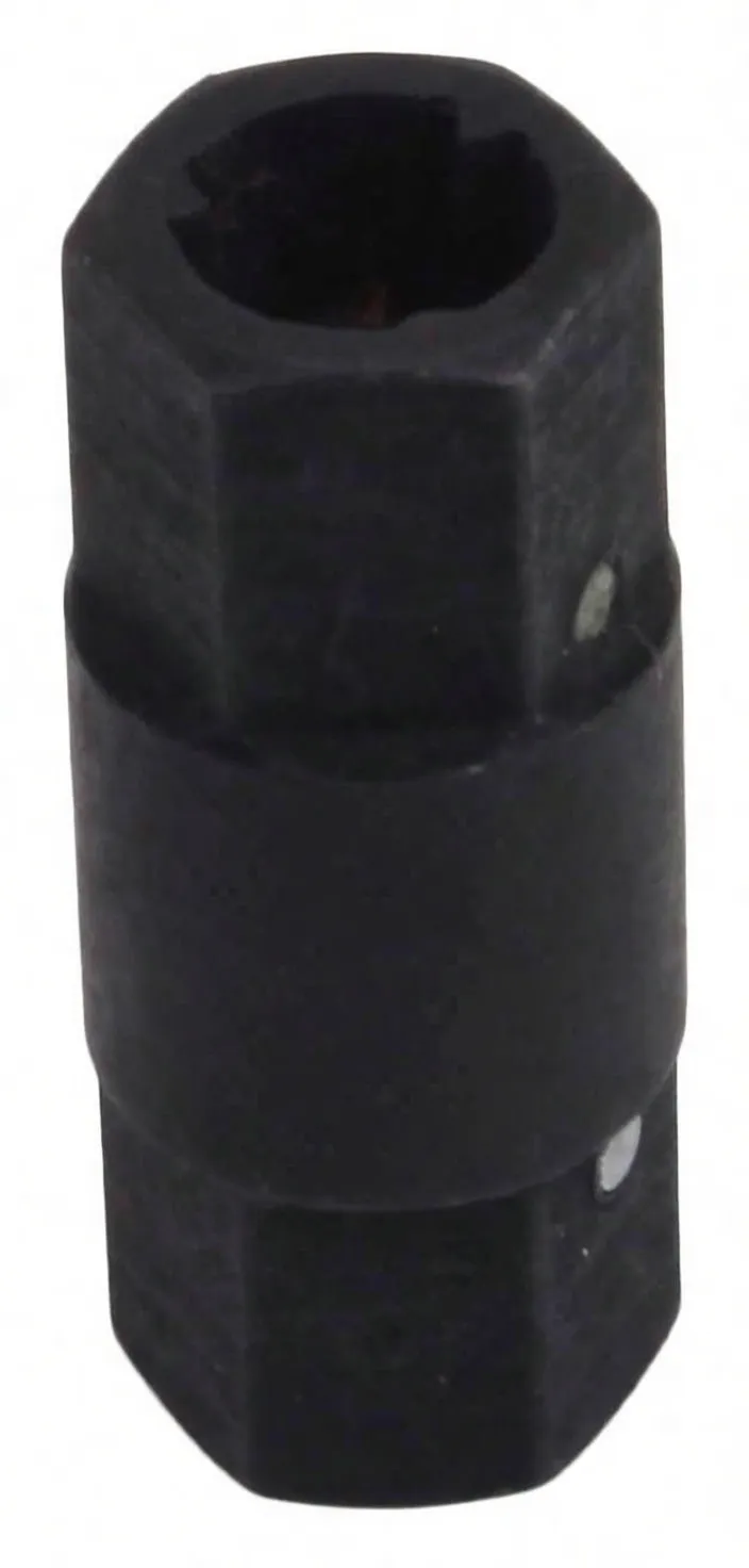 Vertical front view of black 3-point clamp-tie socket showing hex outer faces, internal star recess, side detent pin and printed marking