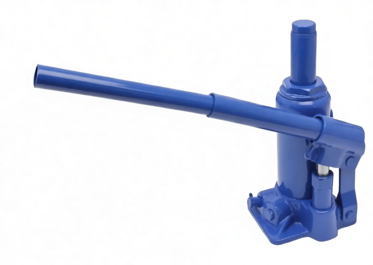 Blue hydraulic bottle jack with assembled handle extended horizontally, ram extended