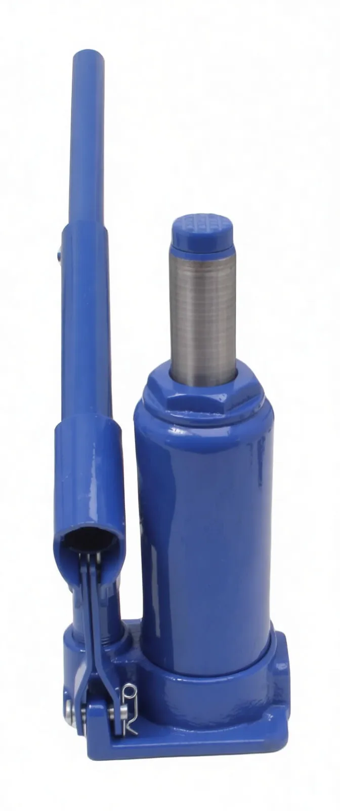 Top view of blue bottle jack with handle alongside cylinder and visible numeric sticker on body