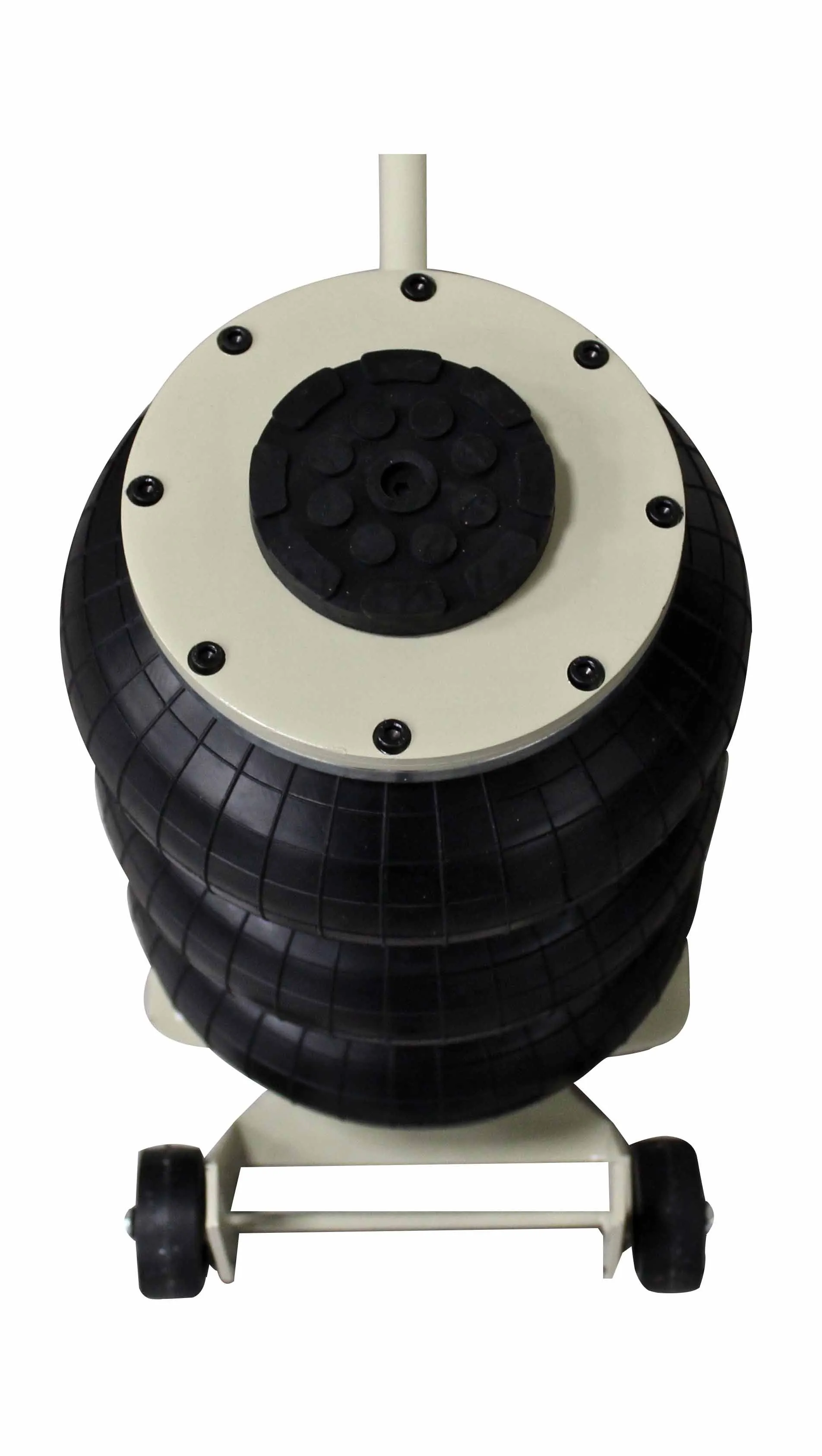 Top view showing round top plate and rubber saddle on air bag jack