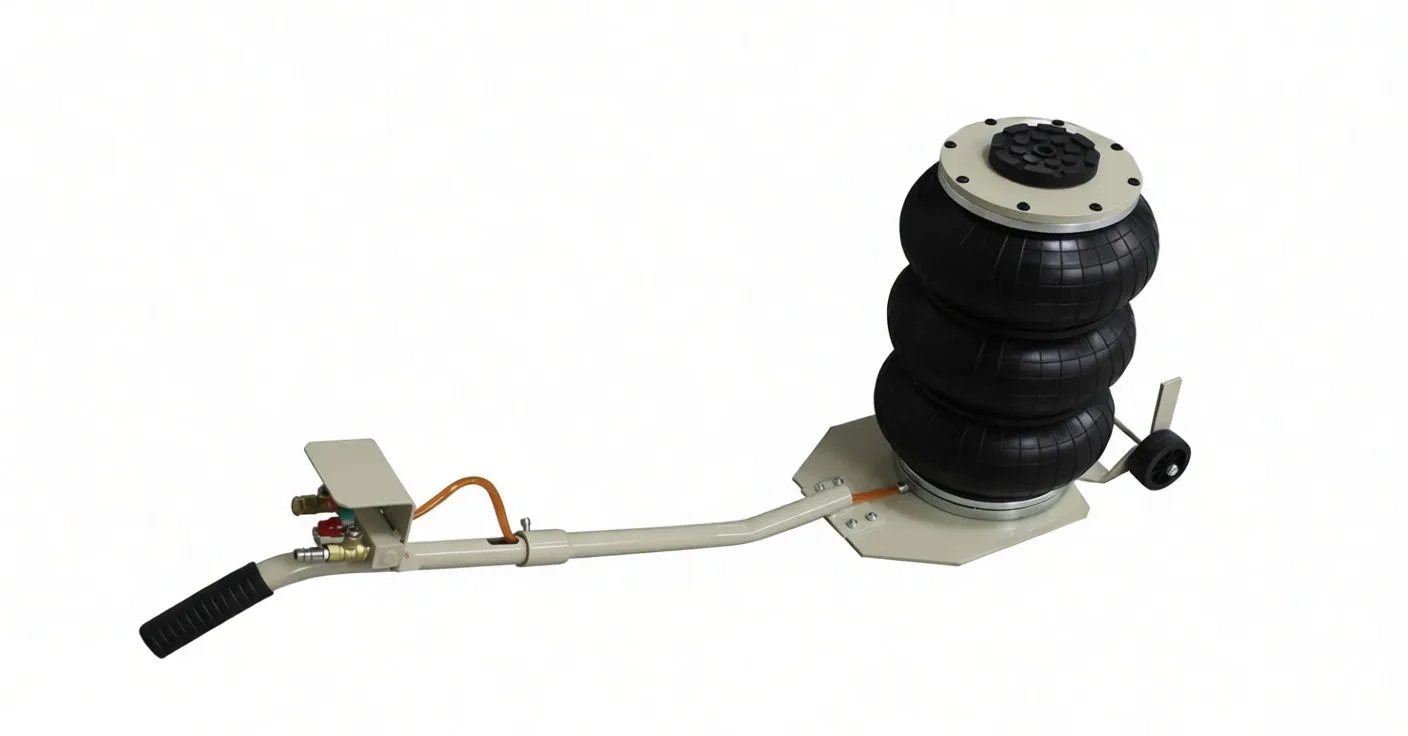 Side perspective of air bag jack with long handle, control box, orange air hose and wheels