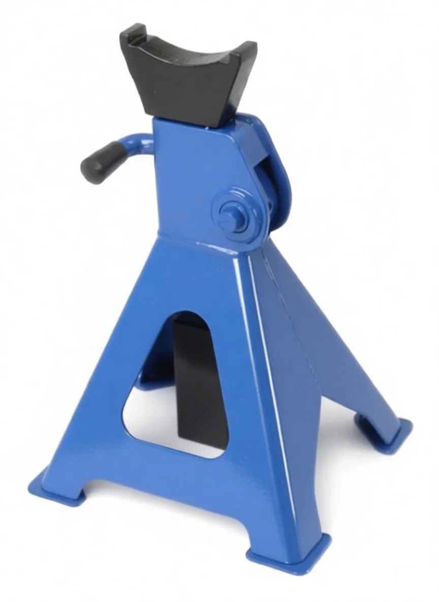 Close-up of a single blue jack stand showing V-shaped black saddle, serrated post, side handle and warning labels.
