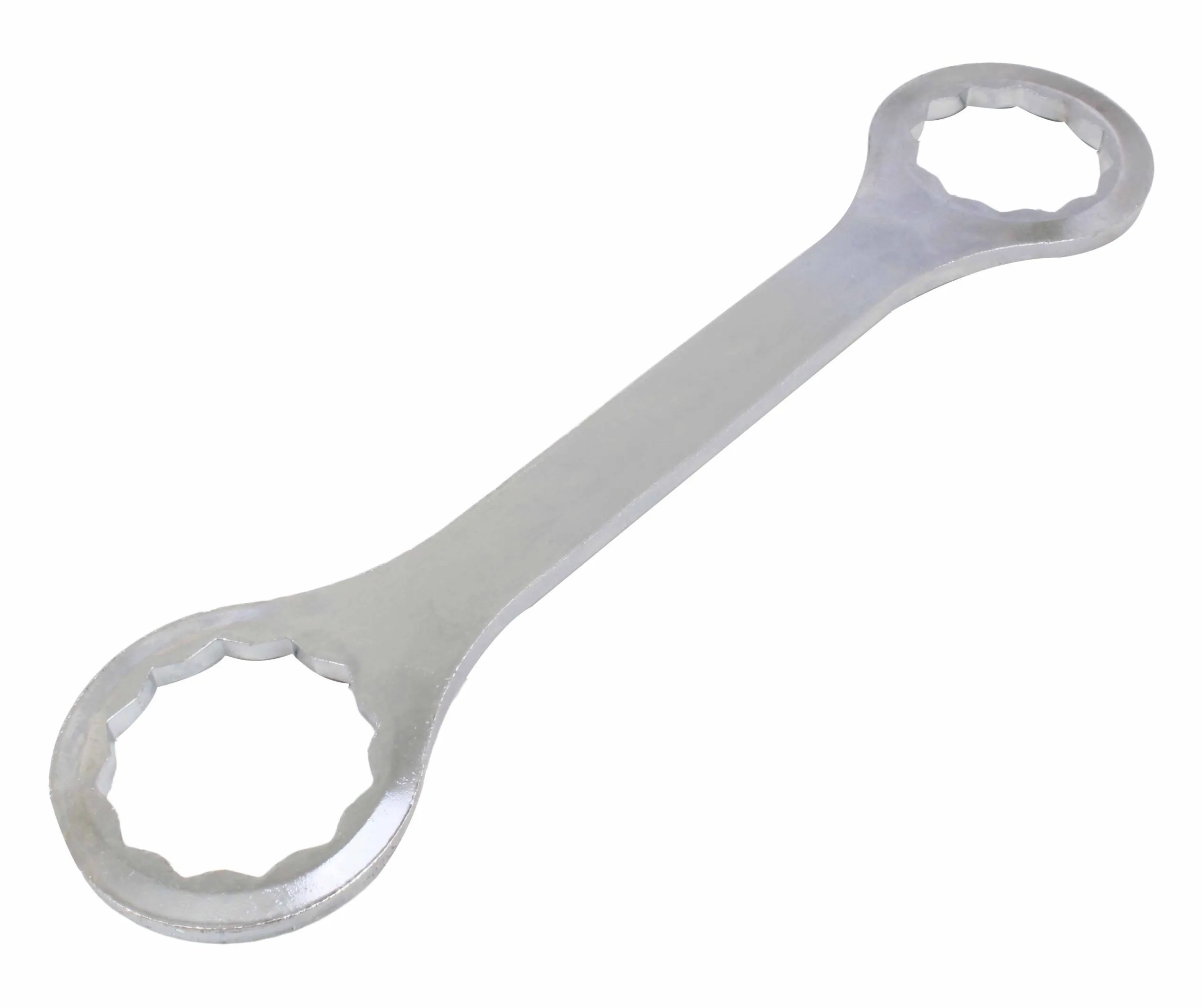 Angle view of chrome double-ended box wrench with closed ring heads, '32' stamping visible