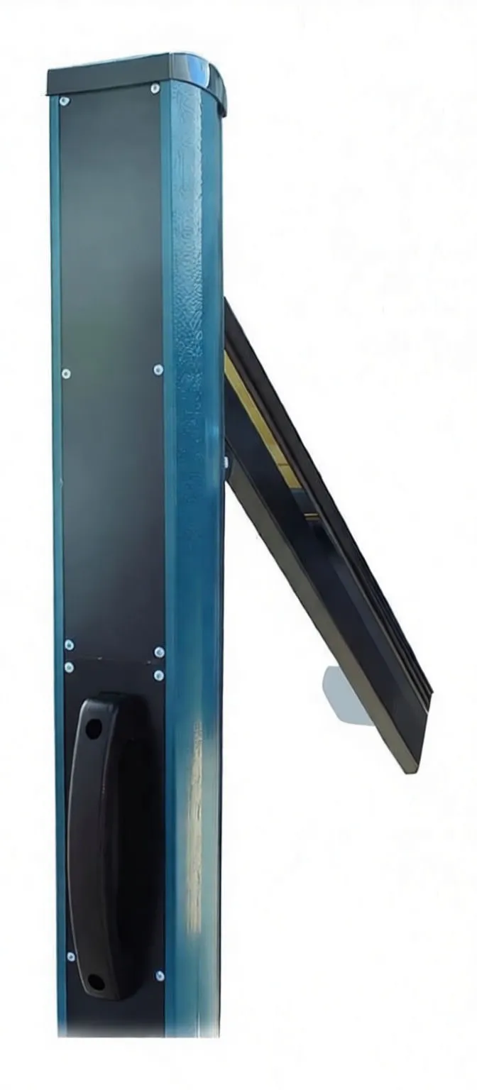 Control panel close-up on the lamp column showing switches, rotary knob, pictograms and a carry handle