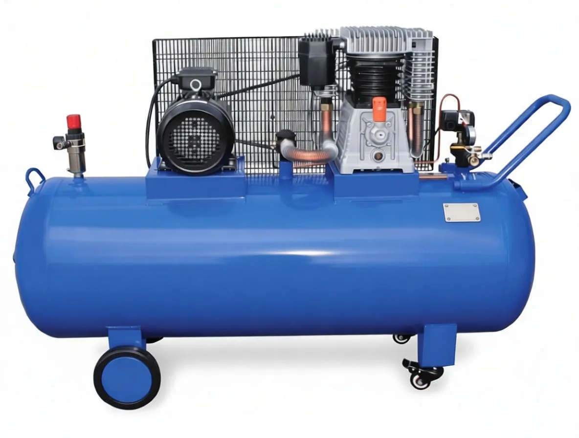 Angled side view of blue 300 L air compressor showing saTra label, finned pump, copper pipes, black motor, control box, pressure gauge, handle and wheels.