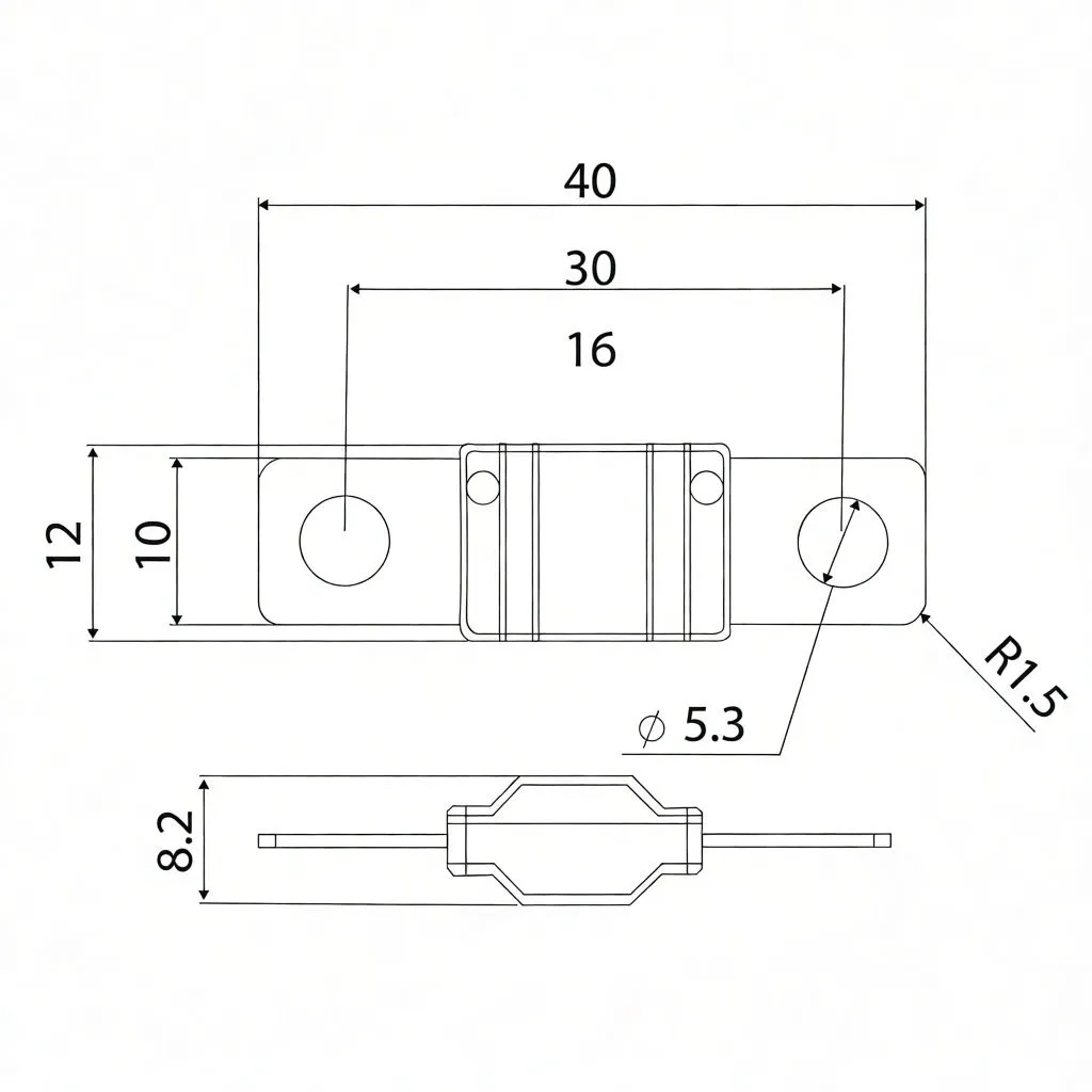 Dimensioned technical drawing of a 30A MIDI bolt-down fuse with top and side views, showing overall length 40 mm, hole Ø5.3 mm, body height 8.2 mm and marking '30'