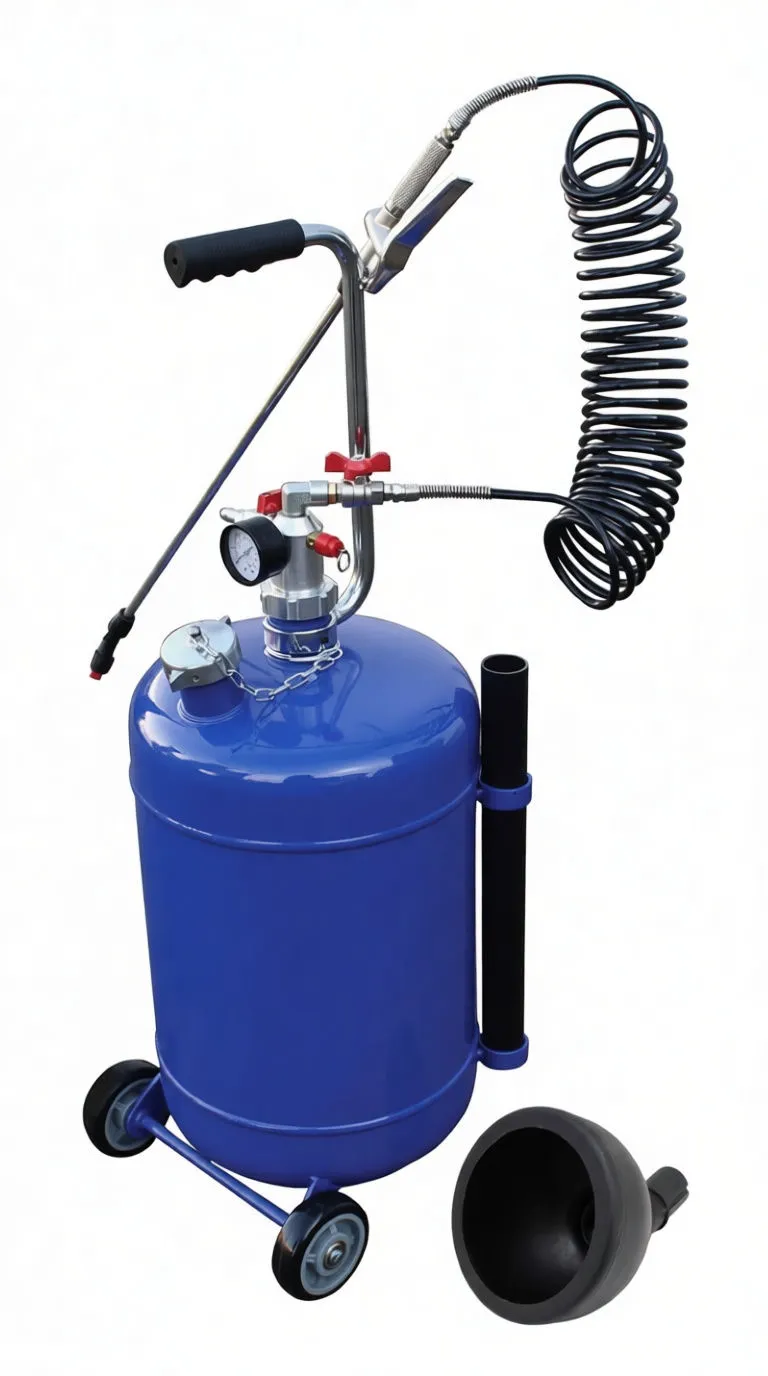 Pressure sprayer with pump handle, pressure gauge, coiled hose, level tube and two wheels, plus funnel