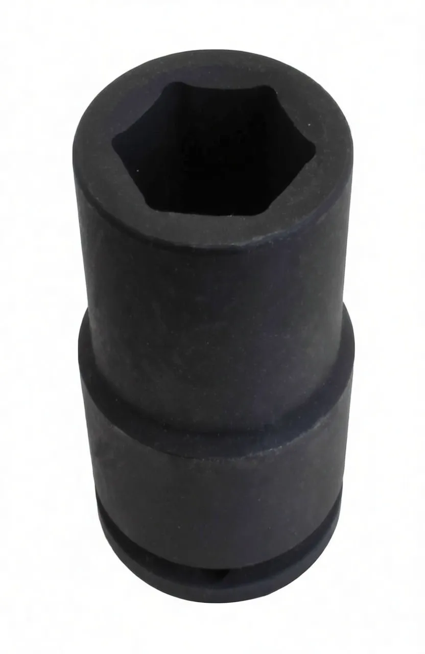 Perspective view of black 6-point deep impact socket showing hex opening, stepped body and brand marking