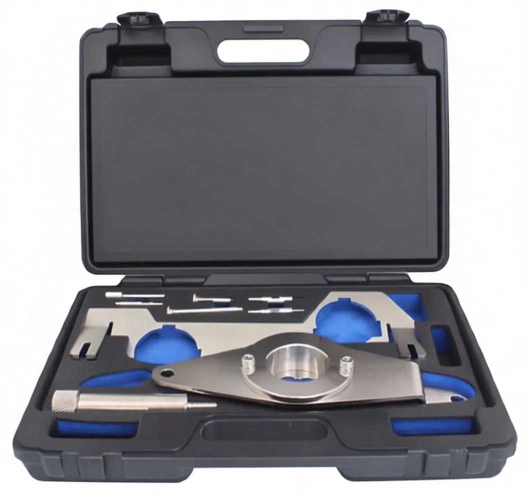 Angled side view of timing kit in open case, showing locking plate, knurled rods, alignment pins and yellow label in lid.