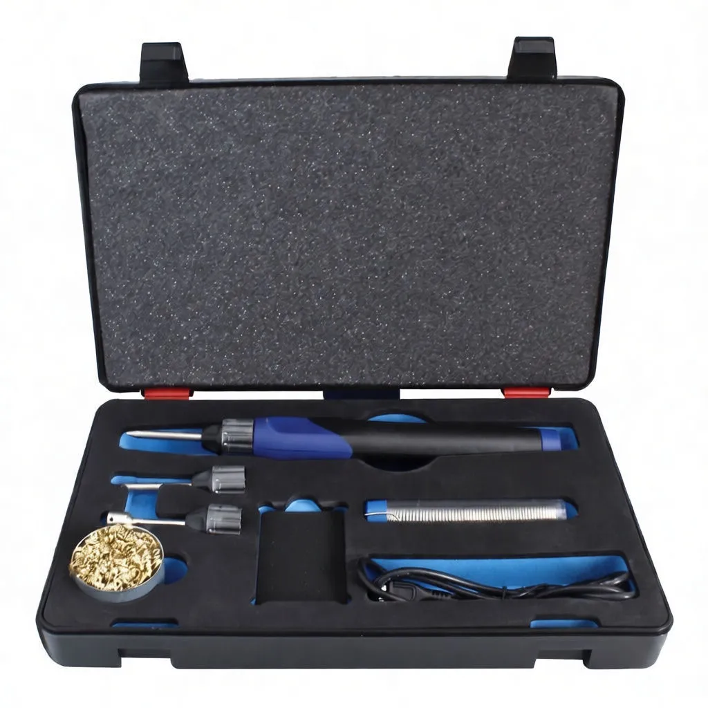 Soldering iron pen, three tips, solder tube, USB cable, metal stand plate and brass wool arranged on a white background