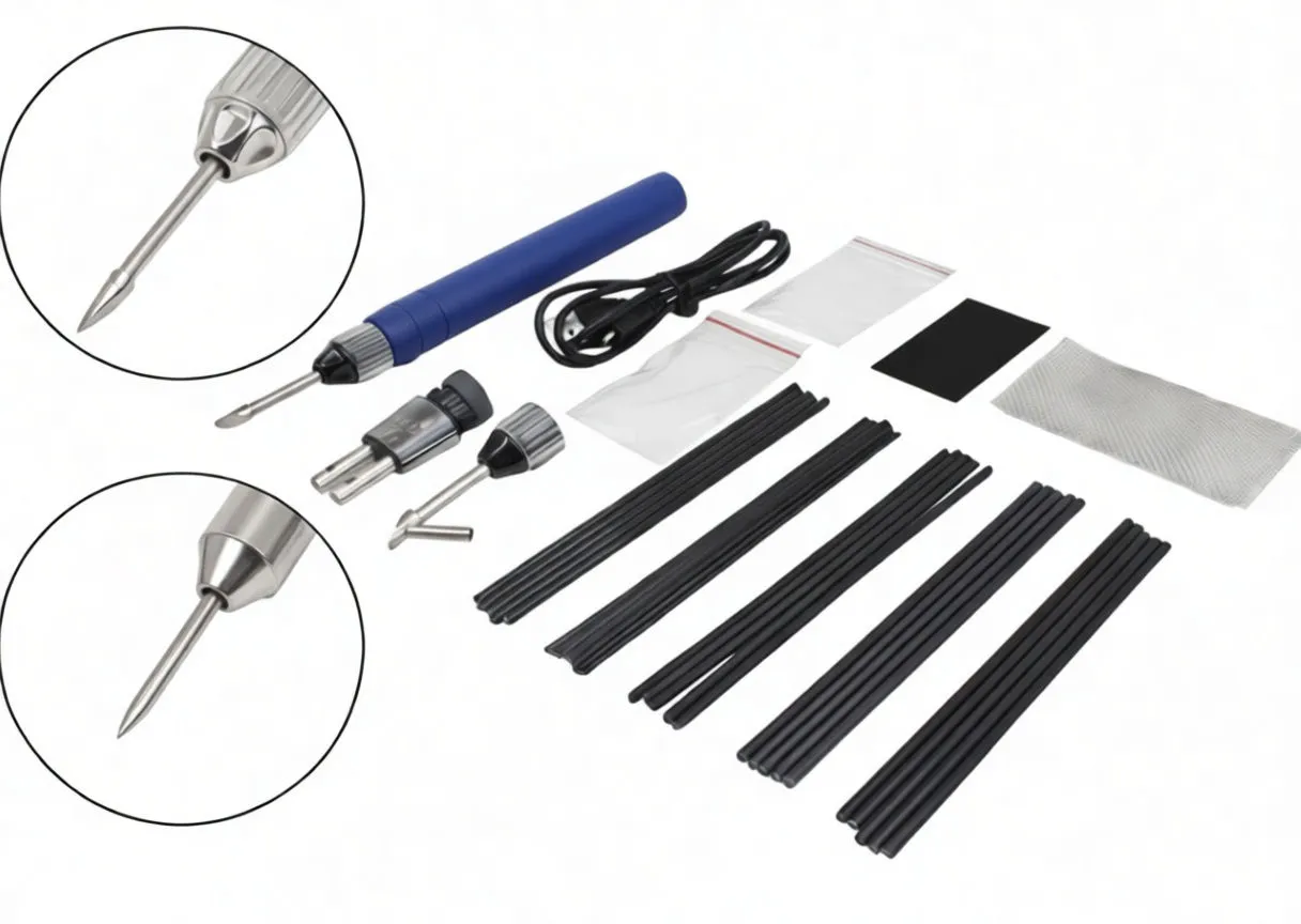 Kit components spread out: blue cordless iron, USB cord, tip adapters, small parts bags, mesh and black sticks