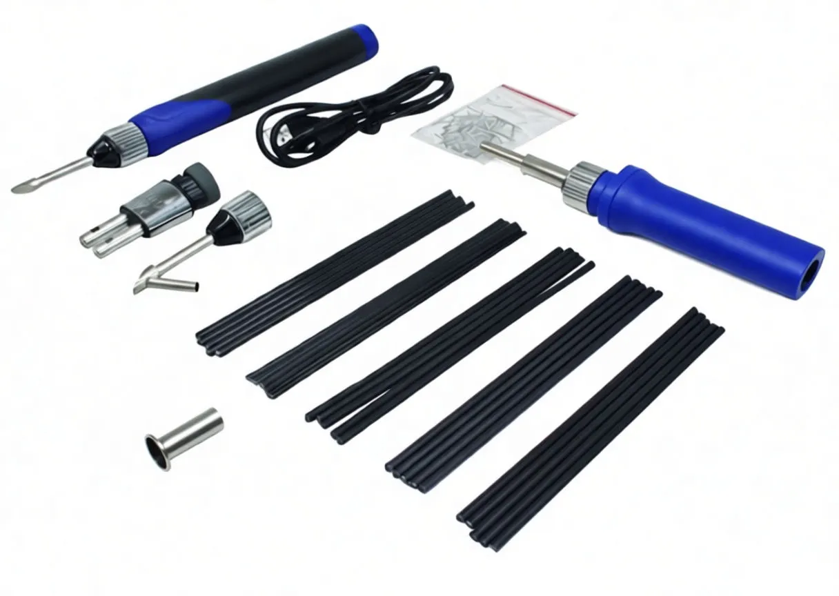 Flat-lay of cordless iron, adapters, USB cable, bags of small parts and black rods with tip close-ups