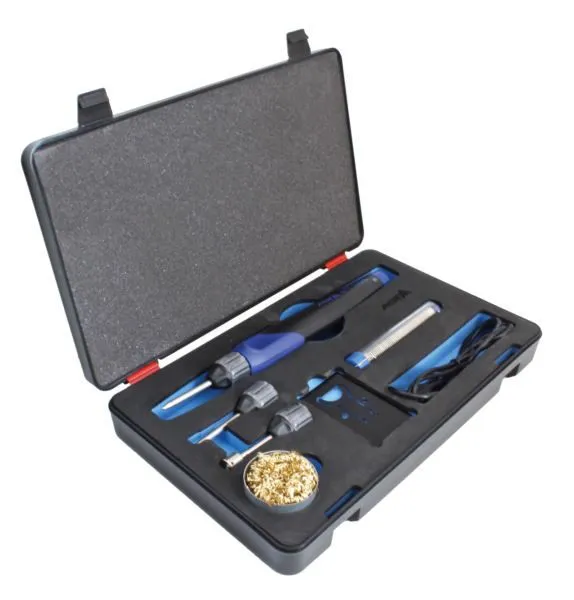 Angled view of a black carrying case with foam-lined lid and edge of the soldering iron kit visible