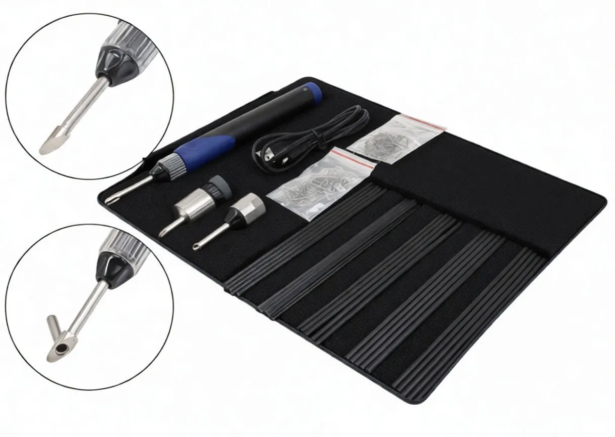 Angled view of open kit with blue-handled cordless soldering iron, adapters, USB cable and rods