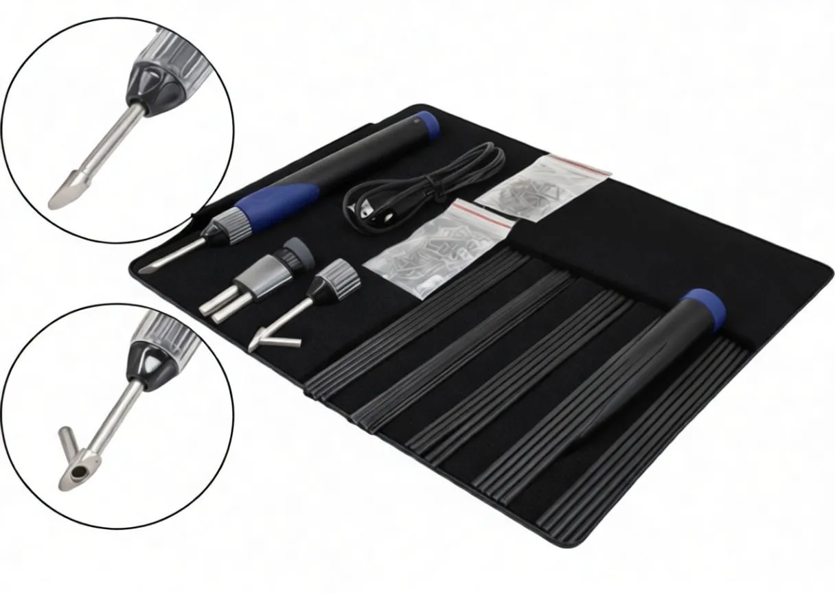 Organized open case showing soldering iron, bags of small parts, tip adapters and black rods