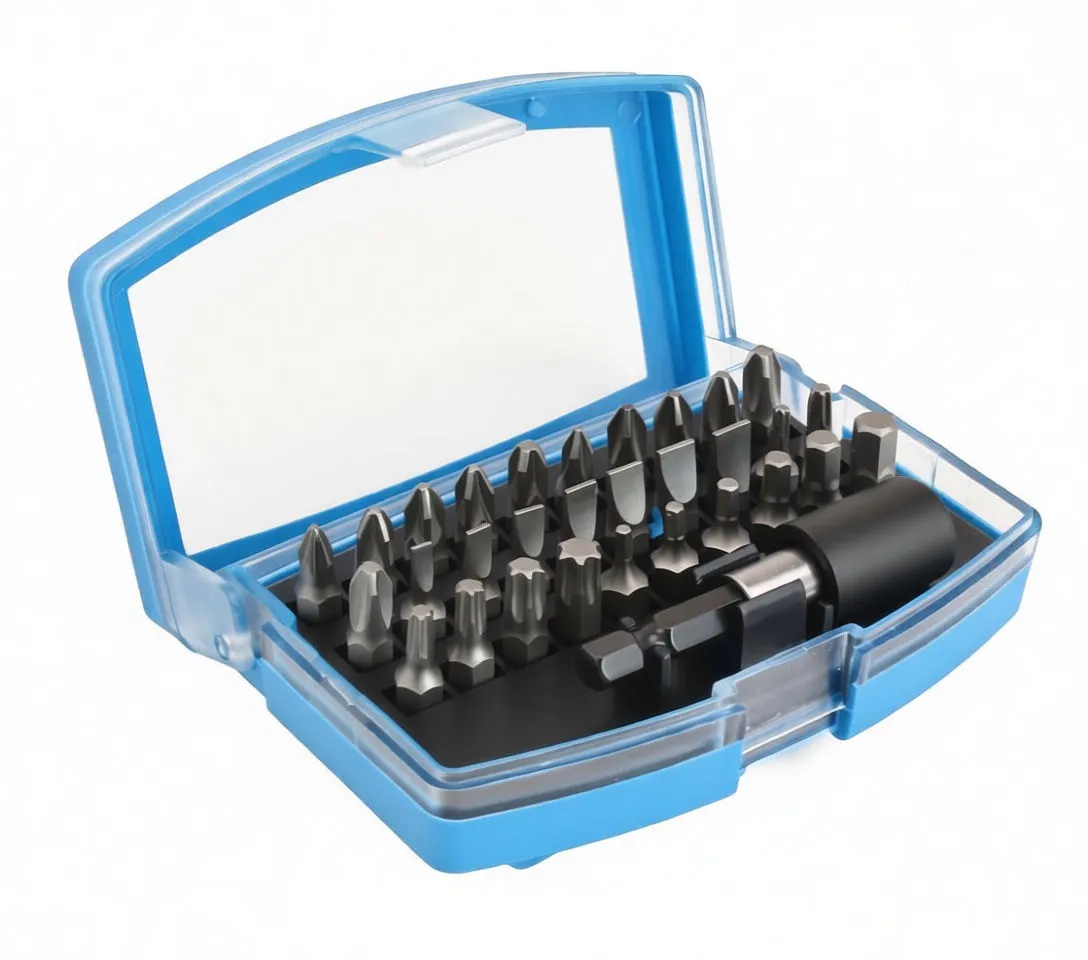 Angled view of bit set showing rows of bits, adapter and blue handle inside clear-lidded case