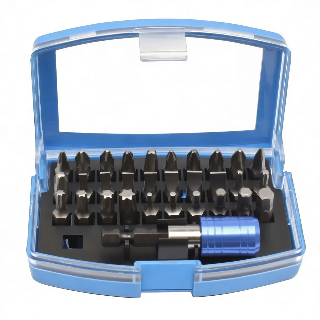 Top-down close-up of bits in black tray with white size markings and blue bit holder