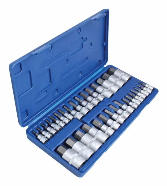 Angled view of an open blue case showing a 32-piece hex Allen bit socket set with chrome sockets and black hex bits in molded slots.