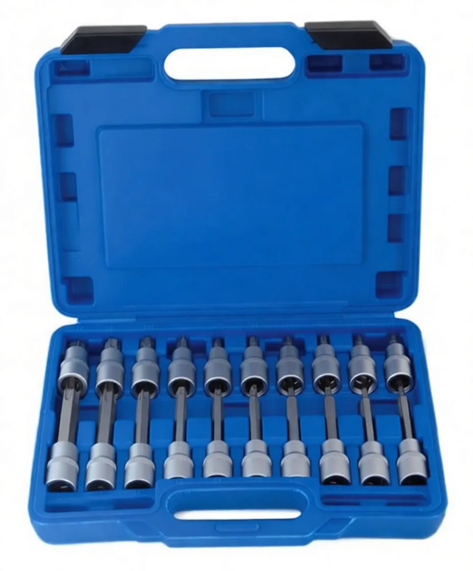 Straight-on view of an open blue tool case showing rows of long and short Torx/TRX sockets with silver collars and visible star-shaped bit ends