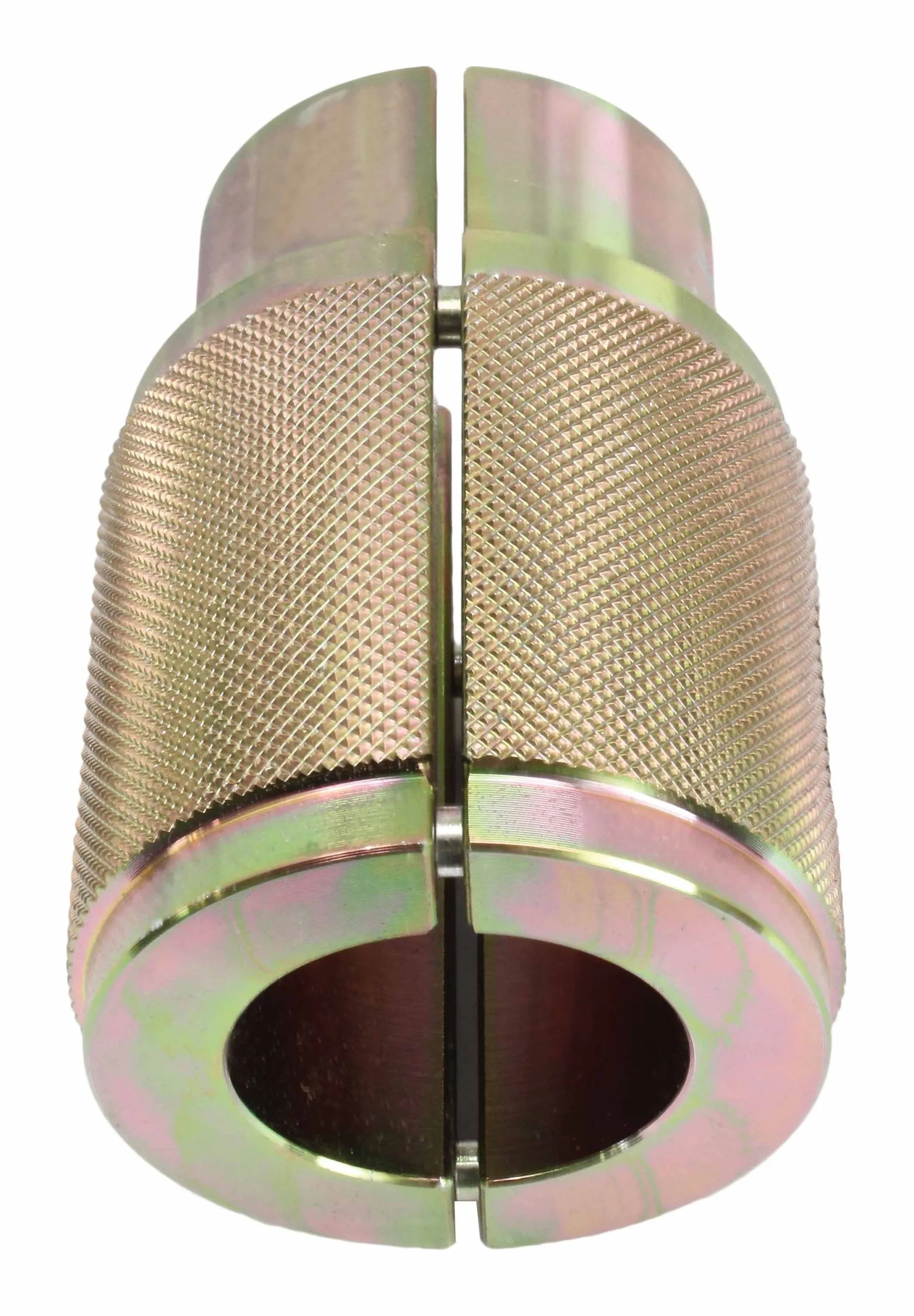 Front view of split 32mm fork seal driver showing circular bore, knurled exterior and split seam