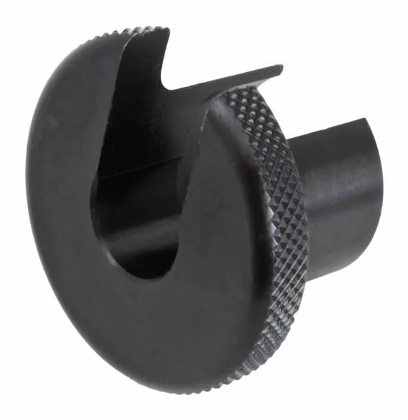 Angled view of shock seal head setting tool showing semi-circular slot, knurled rim and tubular shank