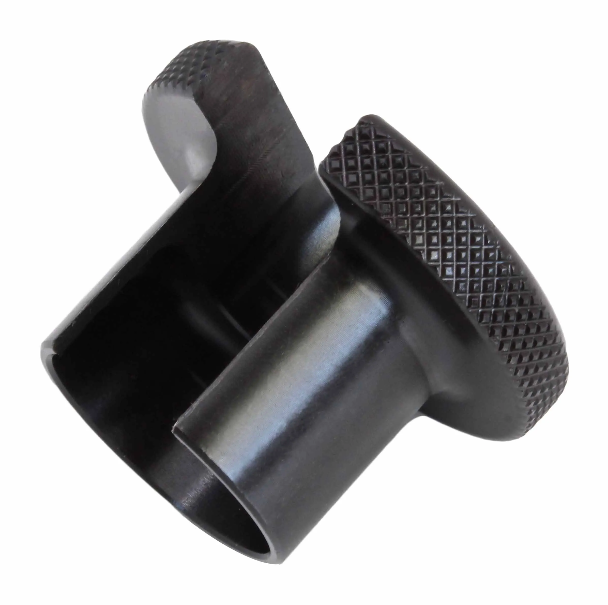 Side and underside view of black metal shock seal head setting tool showing tubular extension, relief walls and knurled edge