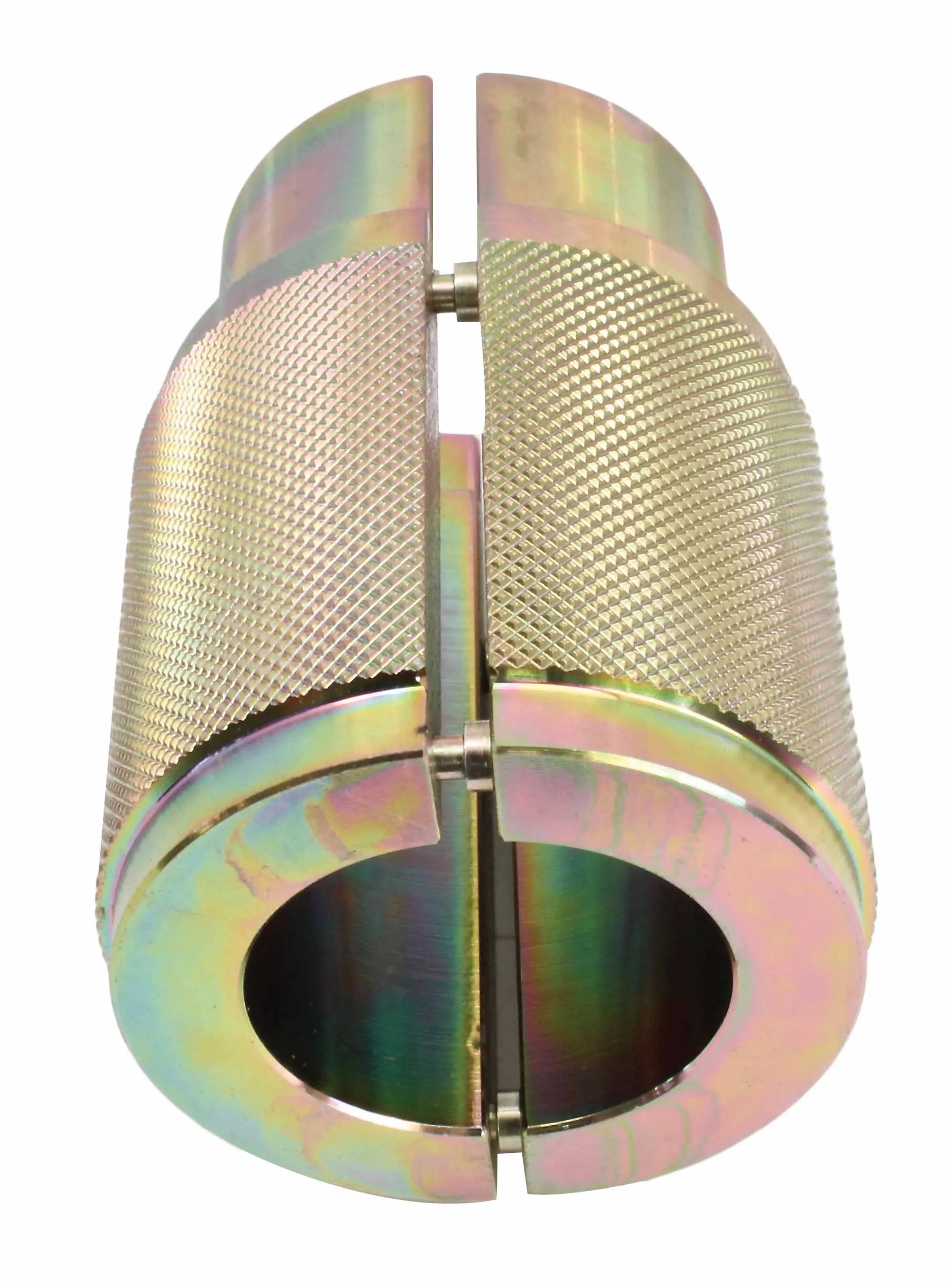 Top view of split two‑half 33mm fork seal driver showing hinge pins, internal bore and knurled outer surface