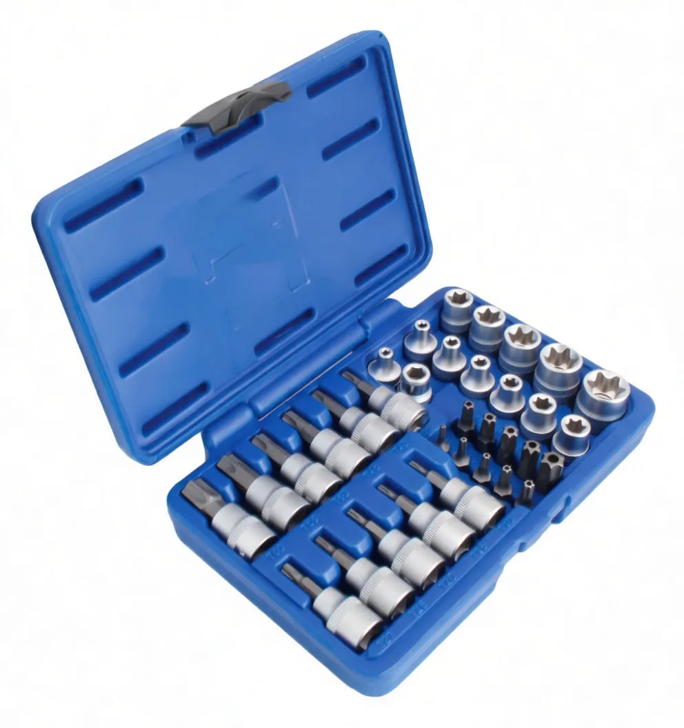 Perspective view of open blue toolbox with chrome Torx bit sockets, E-type star sockets and small black driver bits