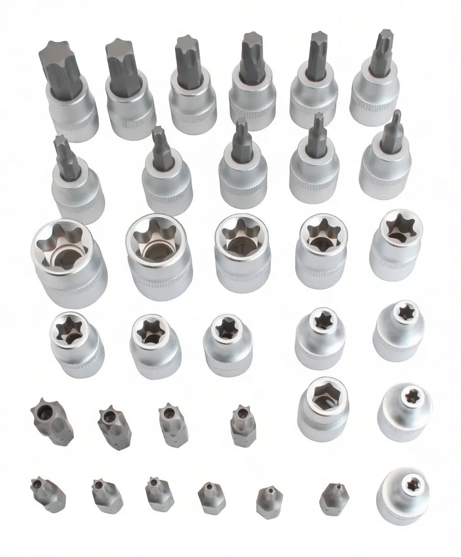 All sockets and bits laid out: chrome knurled Torx bit sockets, E-type star sockets and small driver inserts on a white background