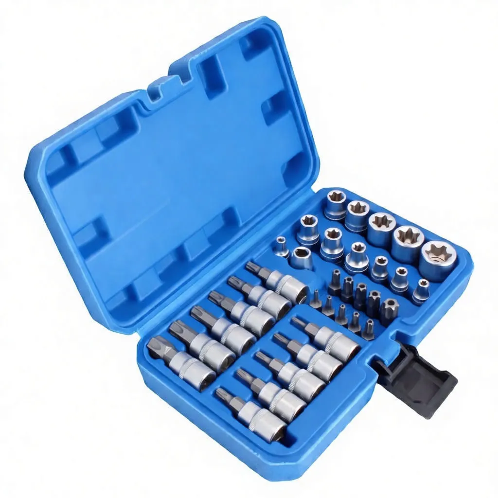 Angled view of blue tool case showing chrome Torx female sockets and security bits