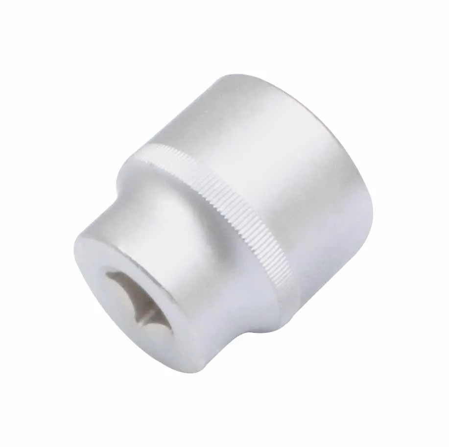 Side angled view of satin chrome socket showing drive recess, knurled band and smooth body