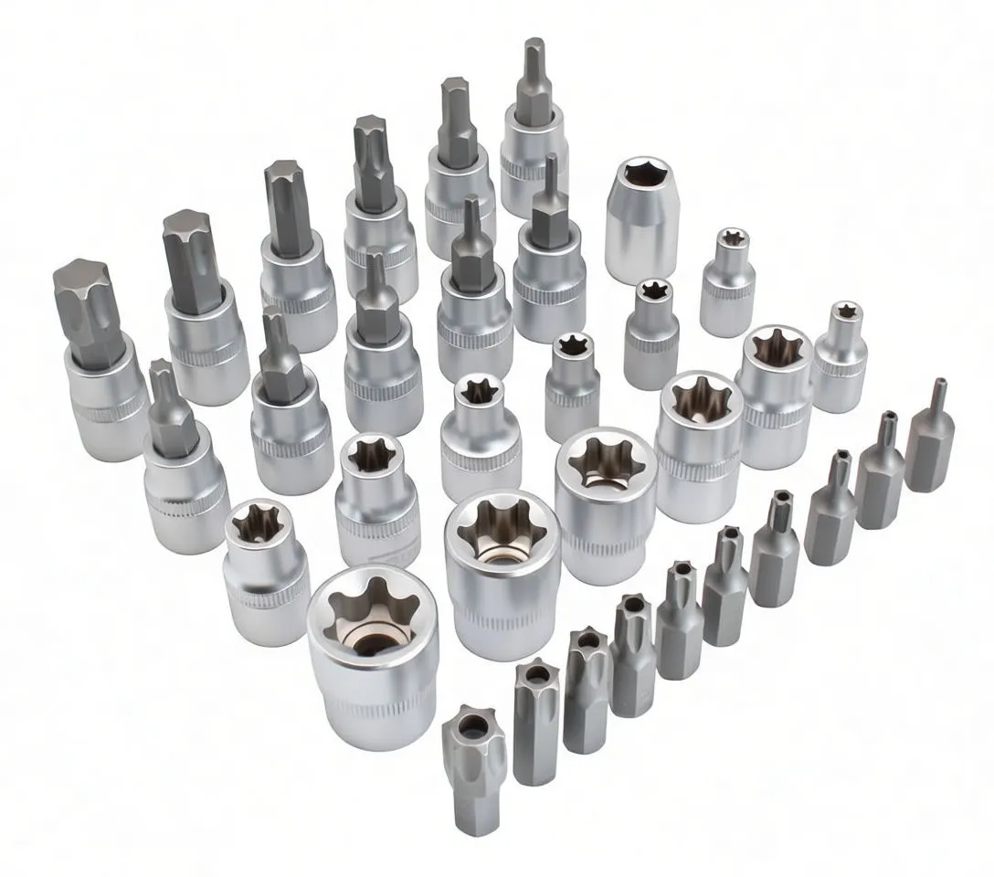 Individual chrome plated female Torx and security sockets and bits laid out on white background