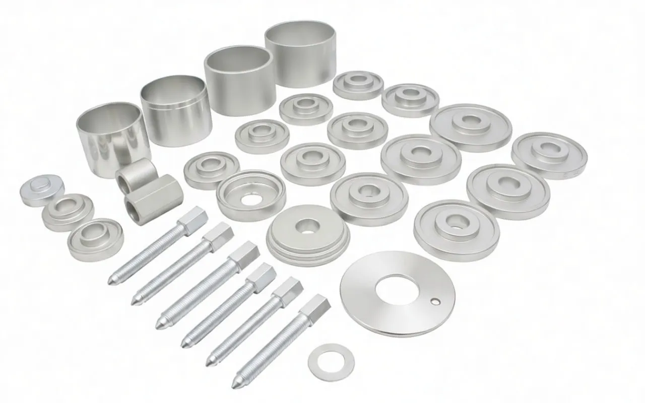 Tool set components laid out: many silver bearing cups and discs, hex shank drivers and a long threaded puller rod on white background