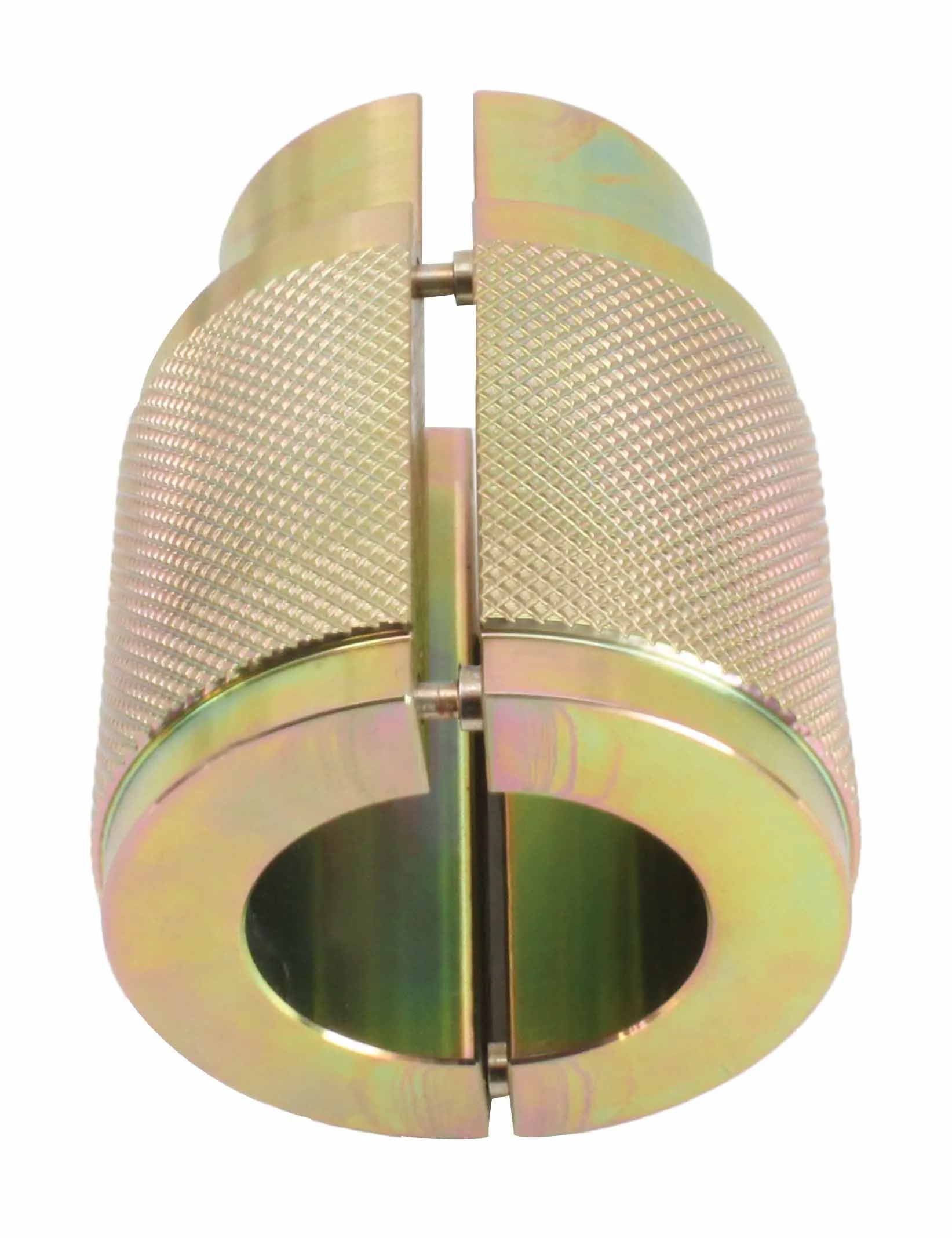 Front view of split open knurled metal tool showing hinge pins and smooth internal bore