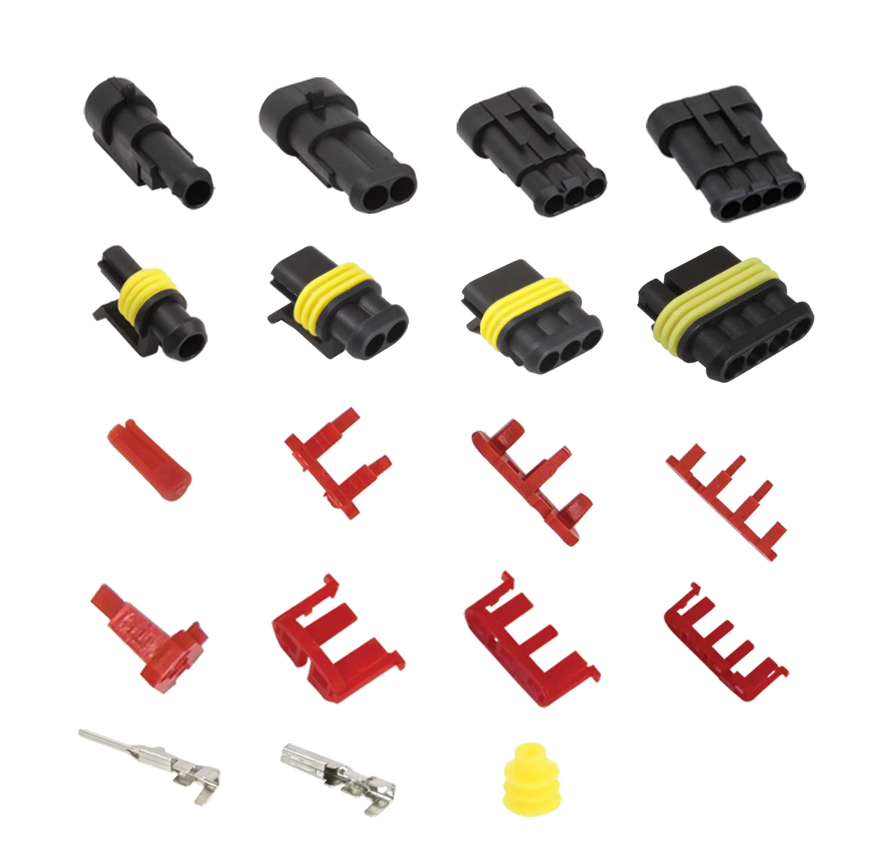 Laid out components: black 1‑ to 4‑pin housings, yellow rubber seals, red plugs and locks, and silver crimp terminals