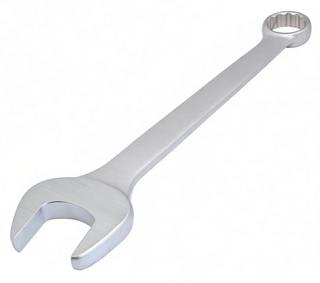 Perspective shot of a matte chrome combination wrench focusing on the box end with open end visible behind