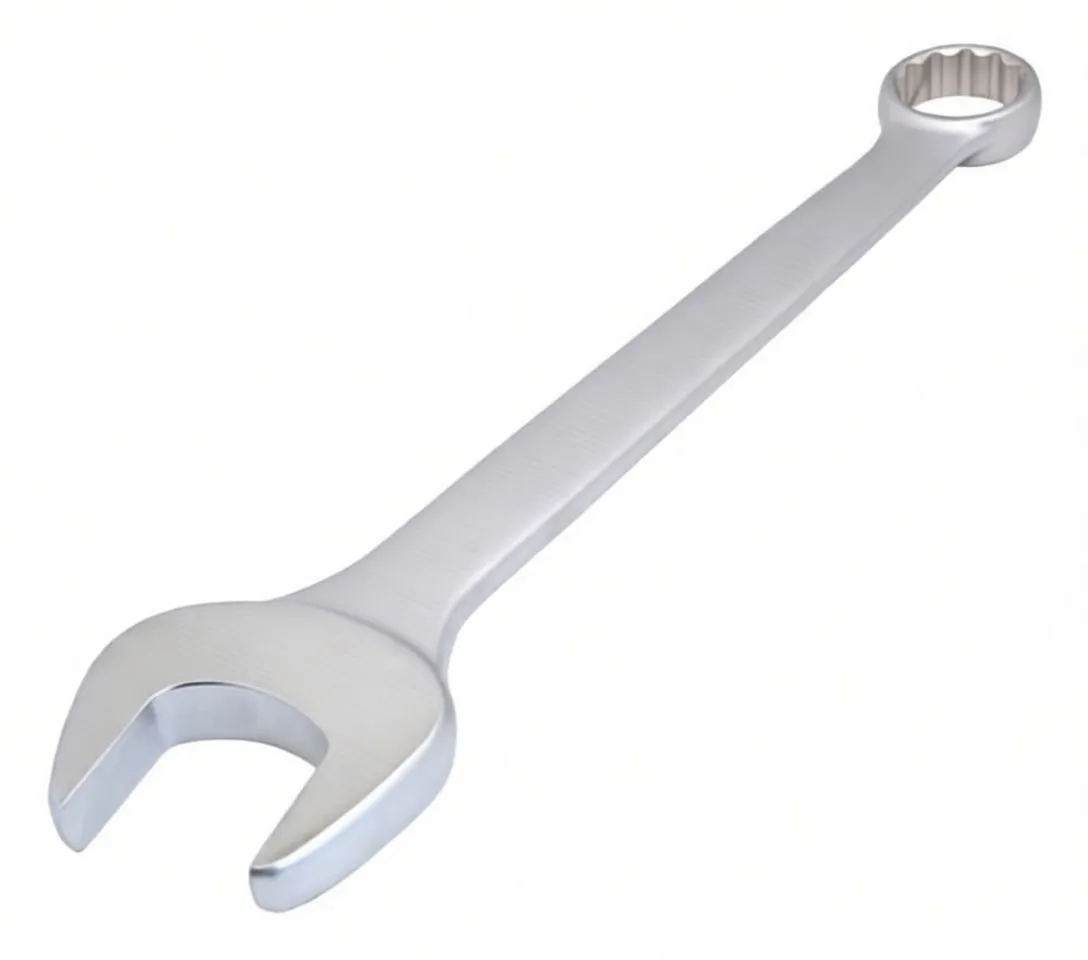 Flat view of a combination wrench laid out horizontally showing open end and 12‑point box end