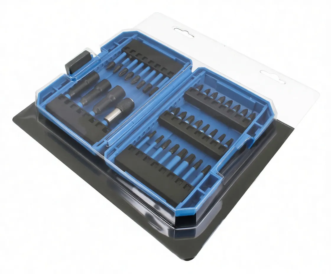 Angled open case with neat rows of blue-shaft bits, socket drivers and a knurled adapter, ASTA markings visible