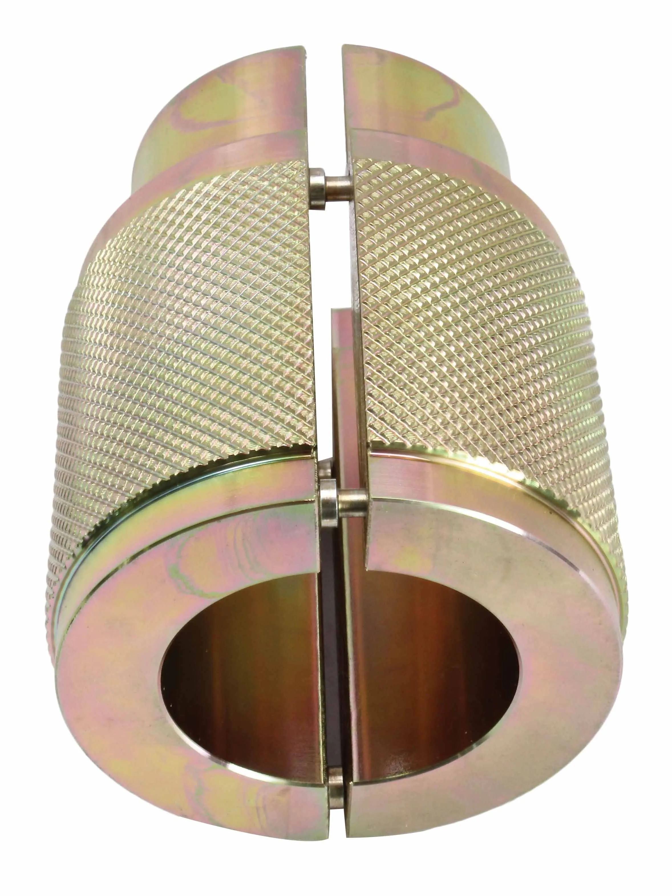 Top view of the fork seal driver opened into two hinged halves showing knurled exterior, hinge pins and smooth internal bore