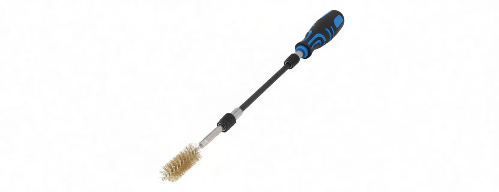 Handle with long black extension rod and brass twisted-wire brush attached for extended reach.